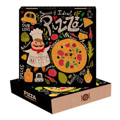 Custom-made black pizza boxes with a printed design