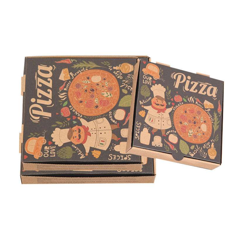 Custom-made black pizza boxes with a printed design