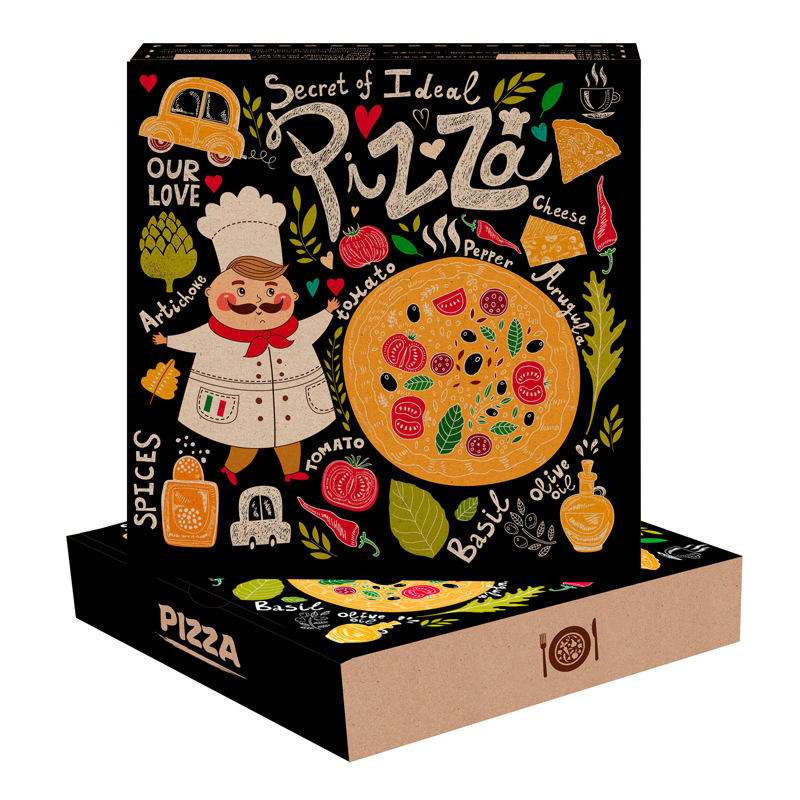 Custom-made black pizza boxes with a printed design